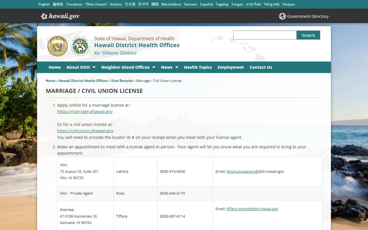 Hawaii County marriage and civil union license information for Hilo