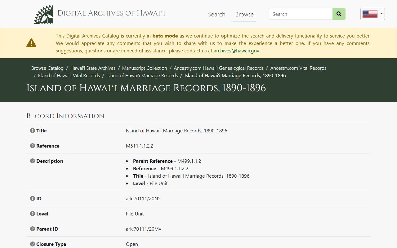 Hawaii County historical marriage records in the State Archives Digital Collections