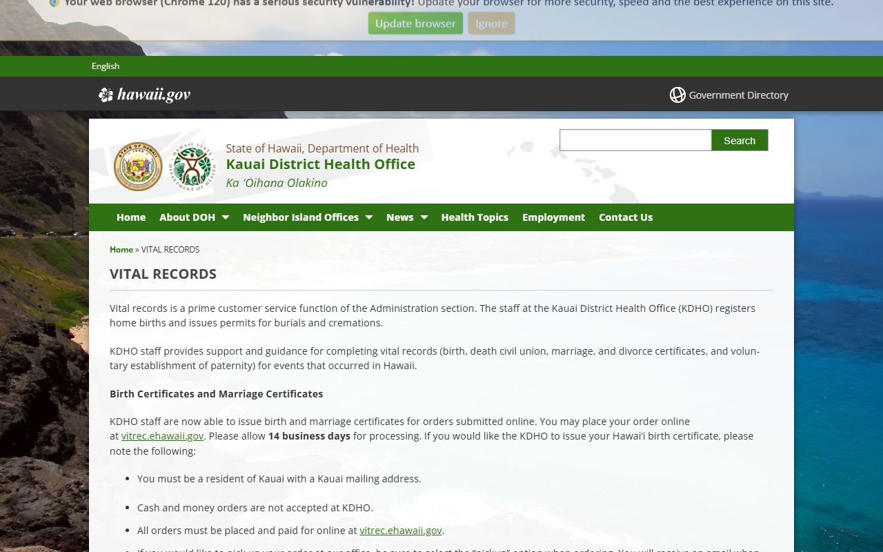 Kauai District Health Office vital records page