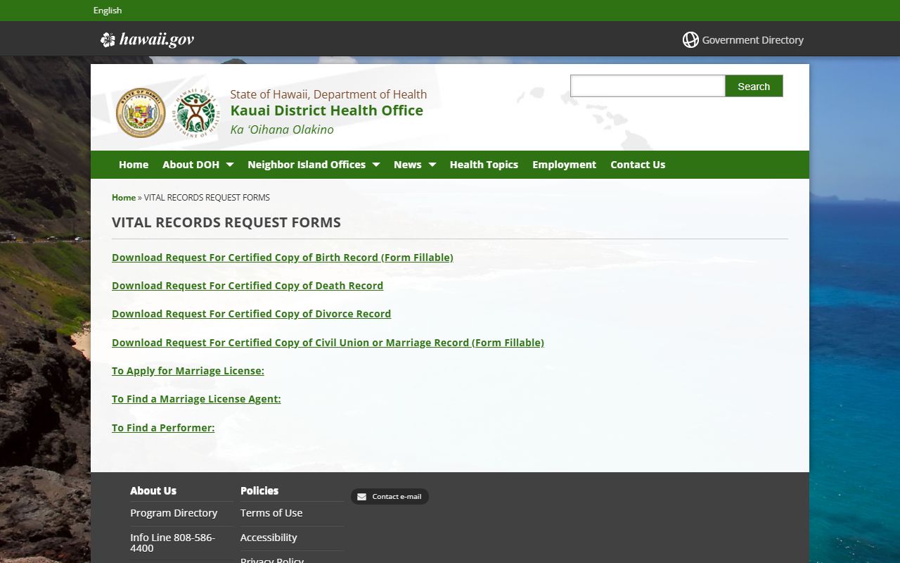 Kauai vital records request forms page