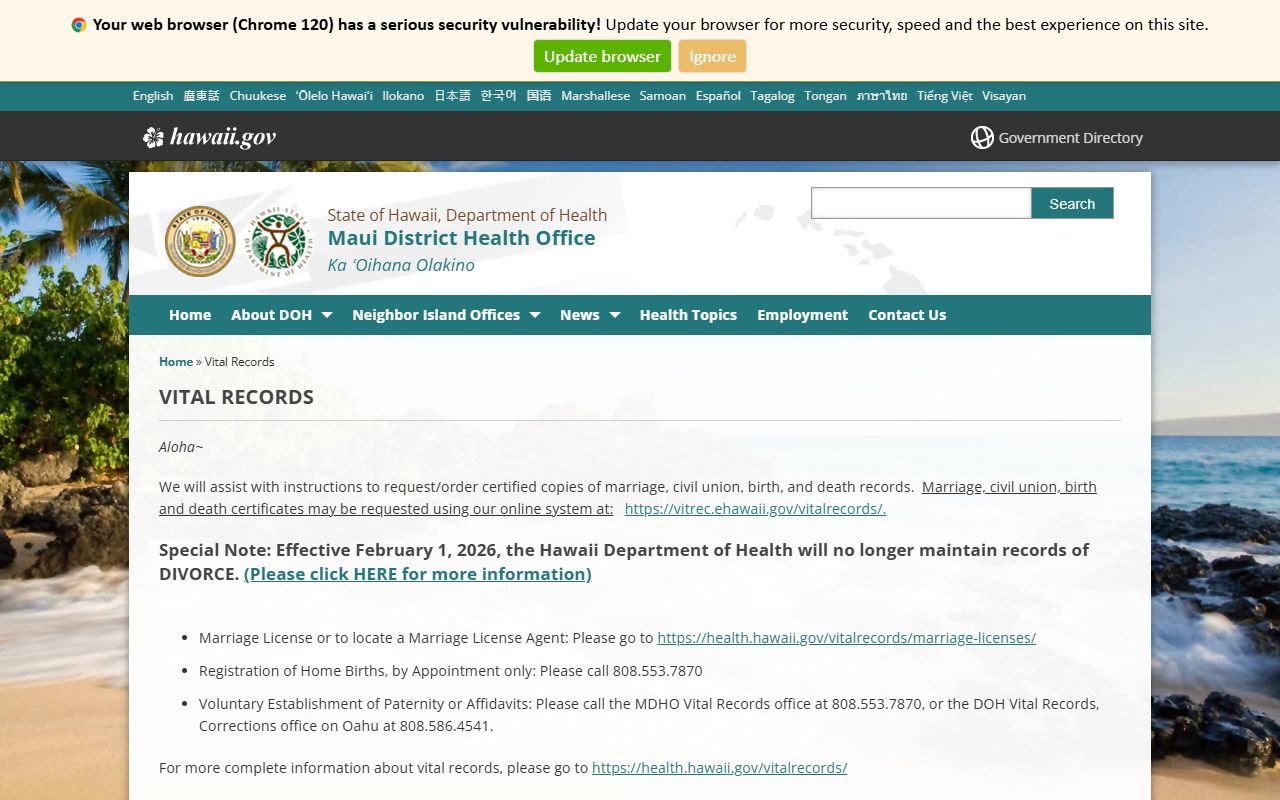 Maui District Health Office vital records page for marriage license applications in Wailuku