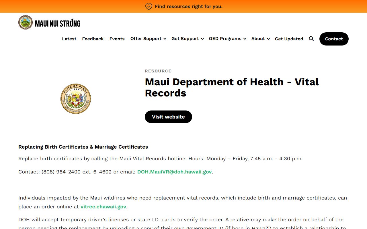 Maui vital records replacement resources showing how to obtain marriage certificate copies