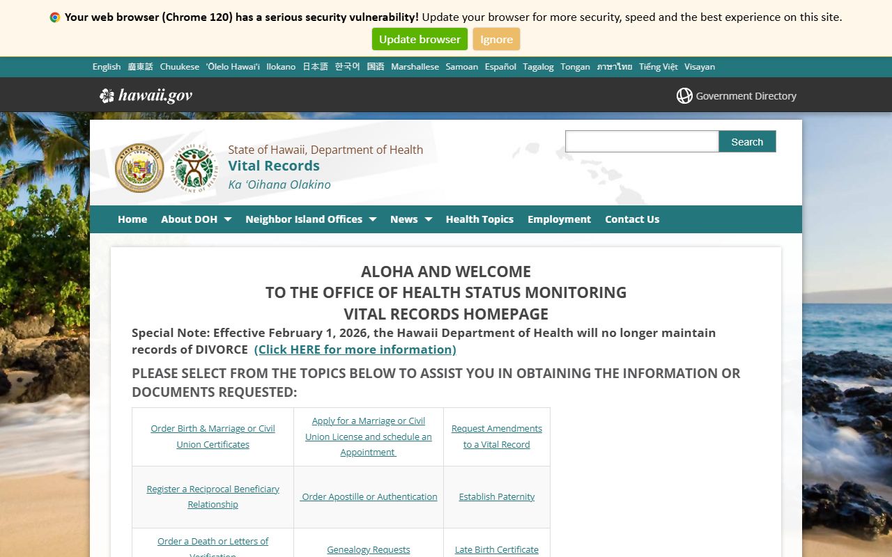 Hawaii Department of Health Vital Records homepage for marriage license records
