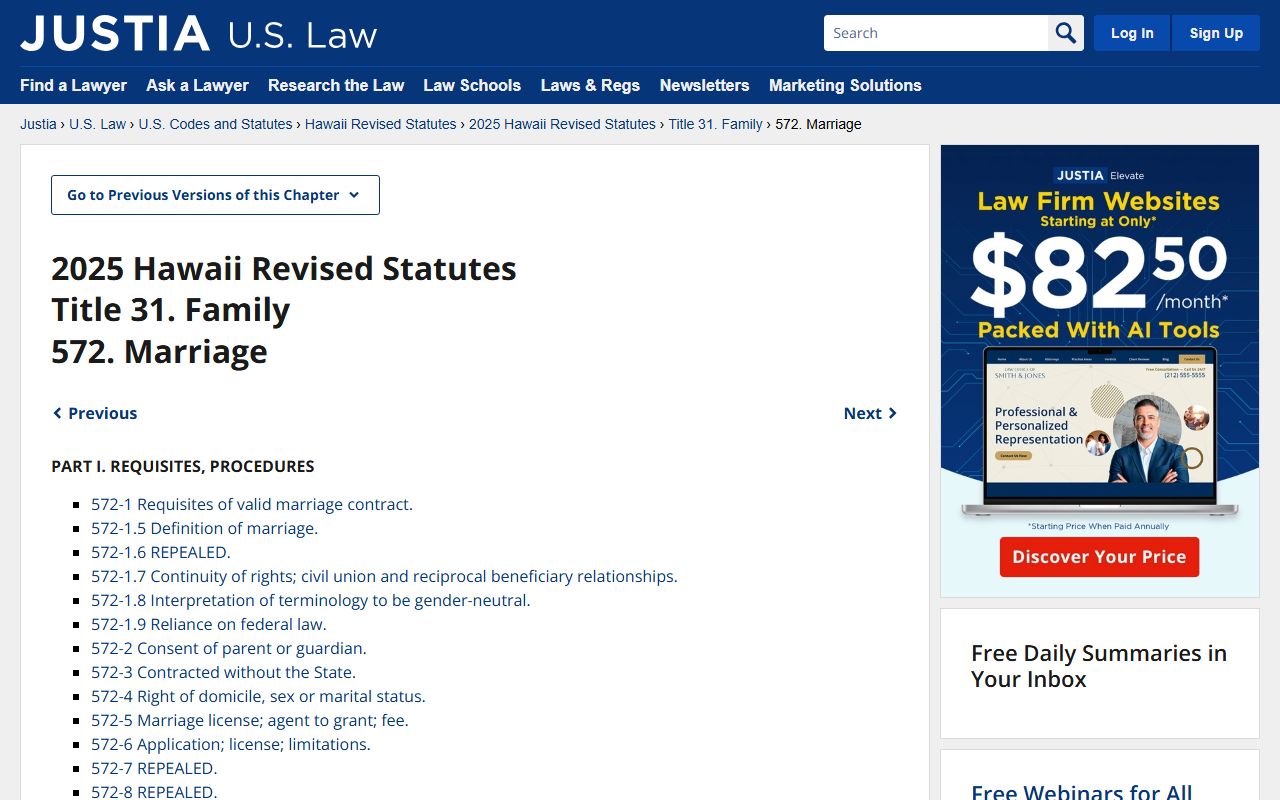 Hawaii HRS Chapter 572 marriage license statute text